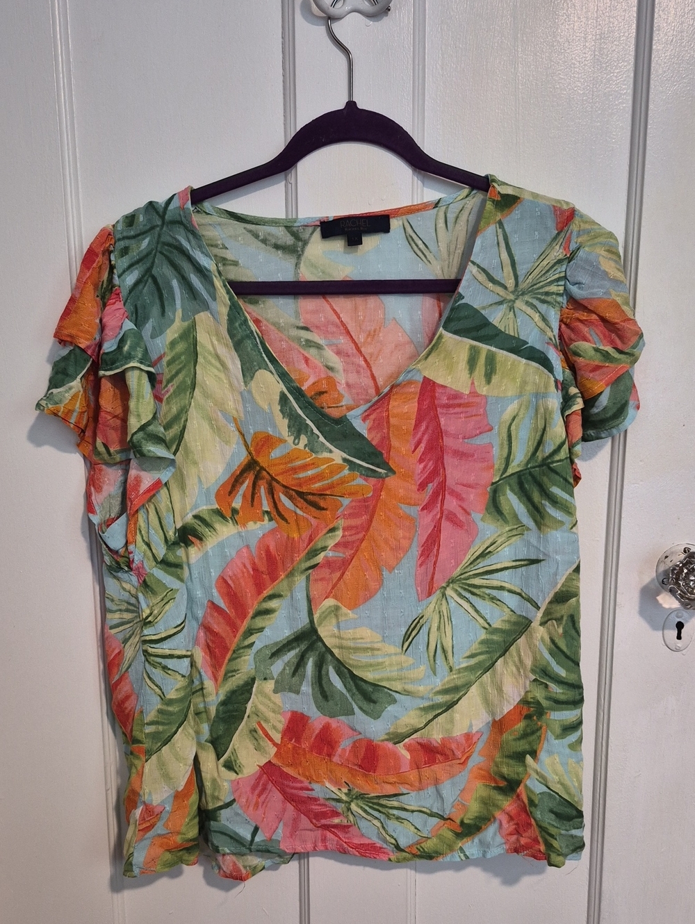 Rachel Roy Tropical Leaf Print V-Neck Blouse in Blue, Green, Pink, Orange